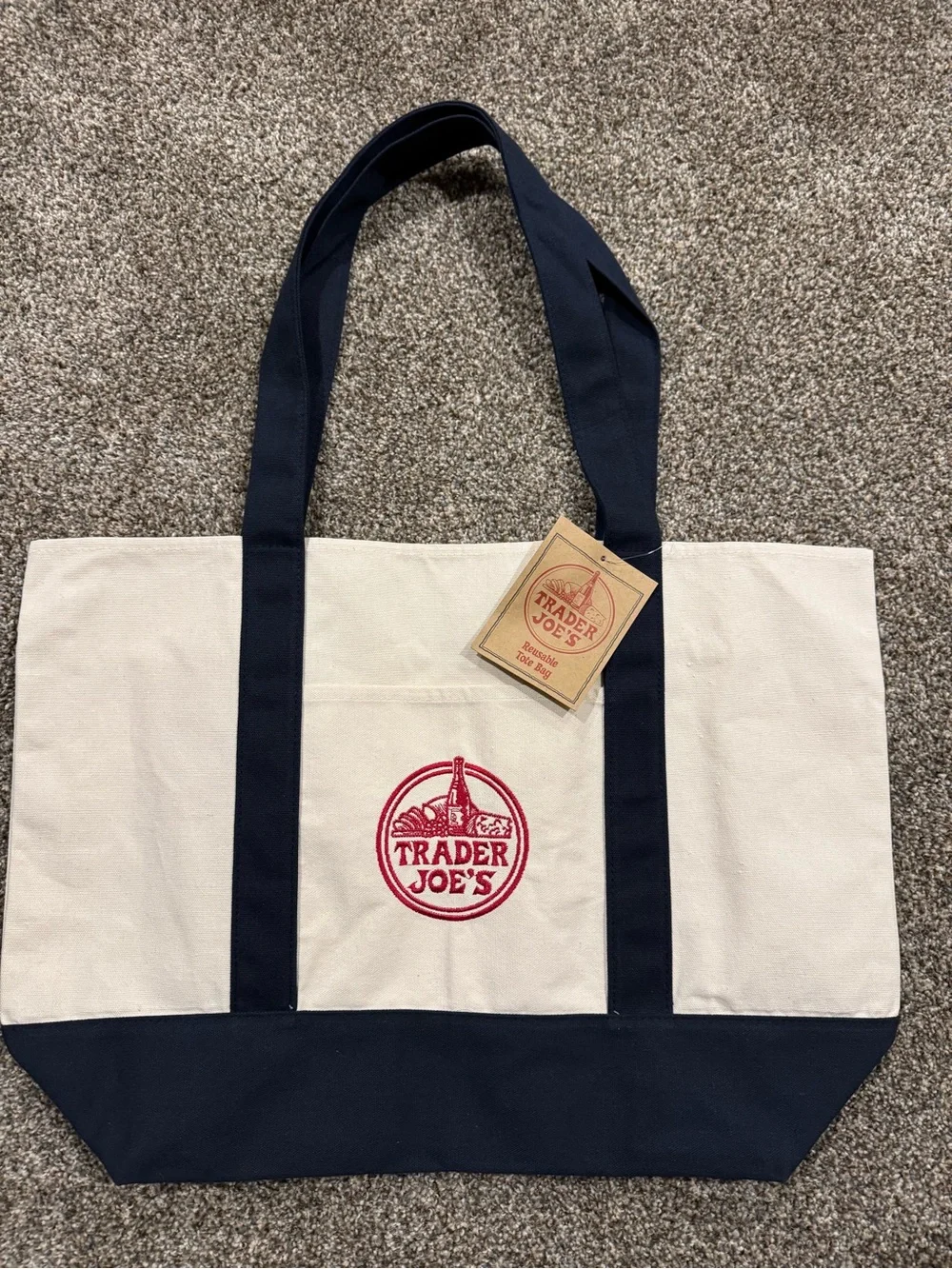 Trader Joe’s: Canvas Large Tote Bag in Navy and Cream NEW WITH TAGS (21”x11”)